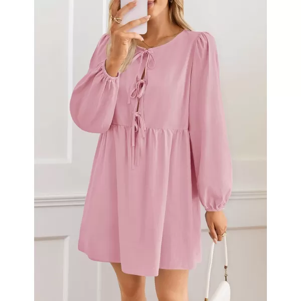 imageZESICA Womens Dress Fall Long Puff Sleeve Self Tie Front Babydoll A Line Pleated Cute Mini Tunic Dresses 2024Pink