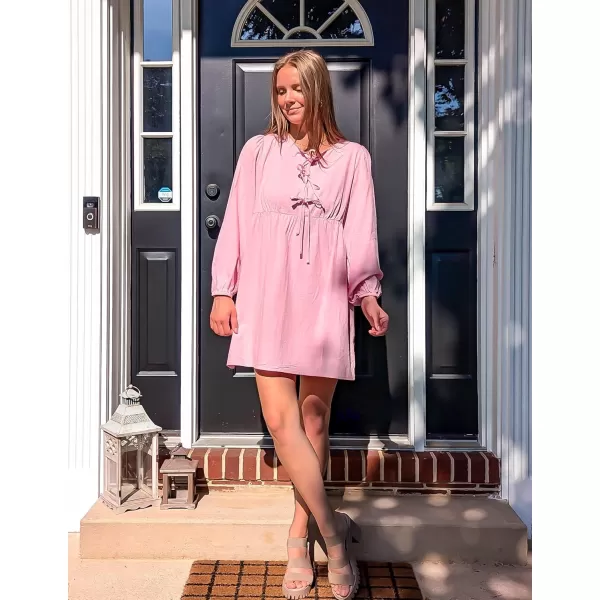 imageZESICA Womens Dress Fall Long Puff Sleeve Self Tie Front Babydoll A Line Pleated Cute Mini Tunic Dresses 2024Pink