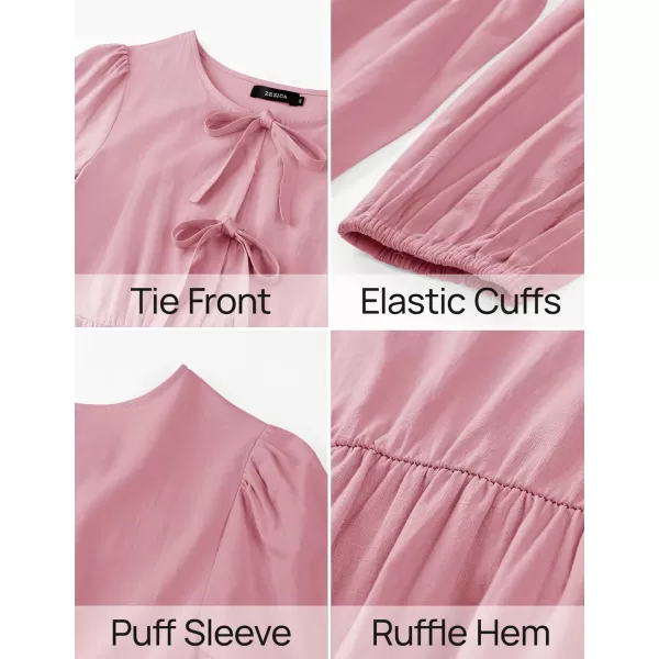 imageZESICA Womens Dress Fall Long Puff Sleeve Self Tie Front Babydoll A Line Pleated Cute Mini Tunic Dresses 2024Pink