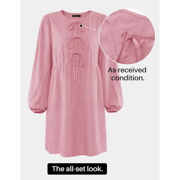 imageZESICA Womens Dress Fall Long Puff Sleeve Self Tie Front Babydoll A Line Pleated Cute Mini Tunic Dresses 2024Pink