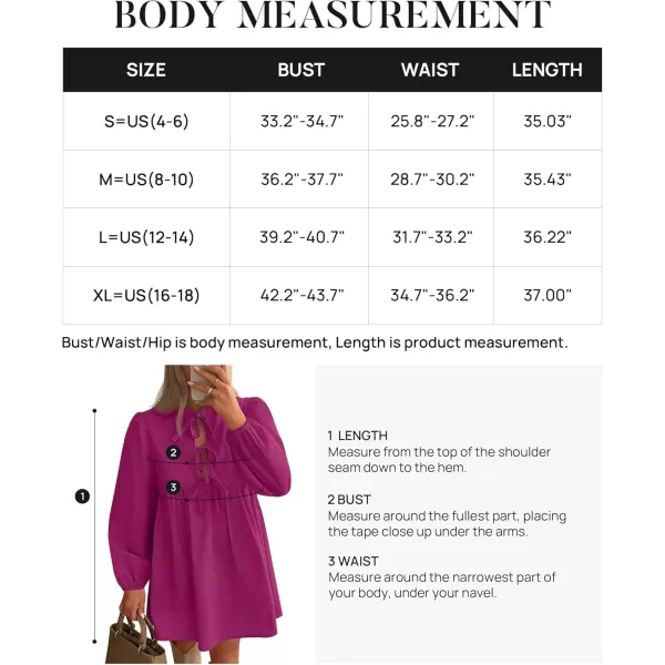 imageZESICA Womens Dress Fall Long Puff Sleeve Self Tie Front Babydoll A Line Pleated Cute Mini Tunic Dresses 2024Plum