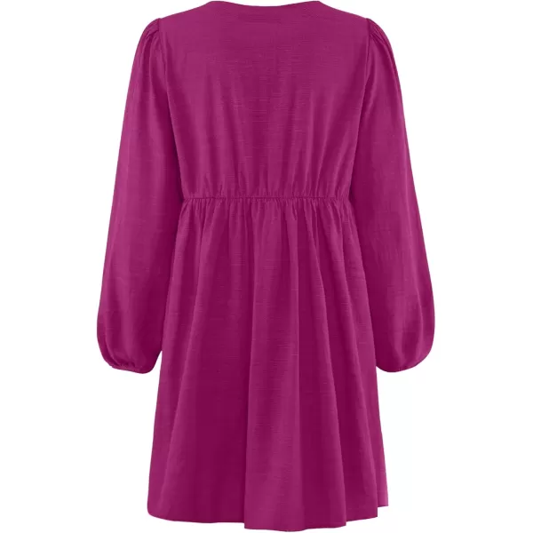 imageZESICA Womens Dress Fall Long Puff Sleeve Self Tie Front Babydoll A Line Pleated Cute Mini Tunic Dresses 2024Plum