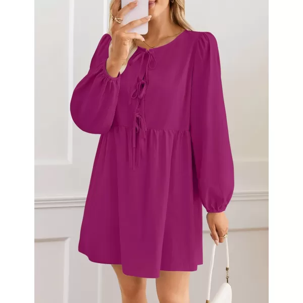 imageZESICA Womens Dress Fall Long Puff Sleeve Self Tie Front Babydoll A Line Pleated Cute Mini Tunic Dresses 2024Plum