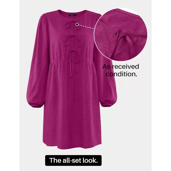 imageZESICA Womens Dress Fall Long Puff Sleeve Self Tie Front Babydoll A Line Pleated Cute Mini Tunic Dresses 2024Plum