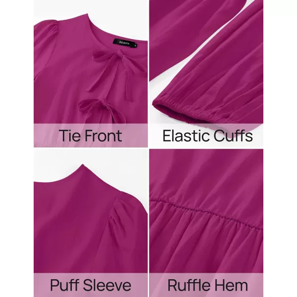 imageZESICA Womens Dress Fall Long Puff Sleeve Self Tie Front Babydoll A Line Pleated Cute Mini Tunic Dresses 2024Plum