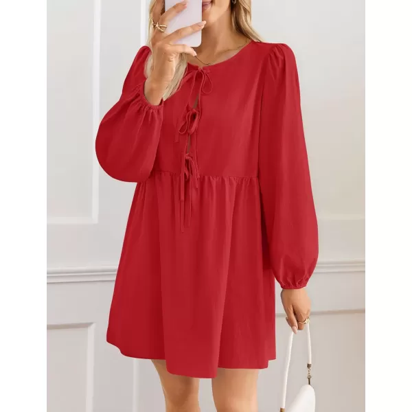 imageZESICA Womens Dress Fall Long Puff Sleeve Self Tie Front Babydoll A Line Pleated Cute Mini Tunic Dresses 2024Red