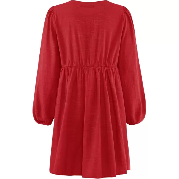 imageZESICA Womens Dress Fall Long Puff Sleeve Self Tie Front Babydoll A Line Pleated Cute Mini Tunic Dresses 2024Red