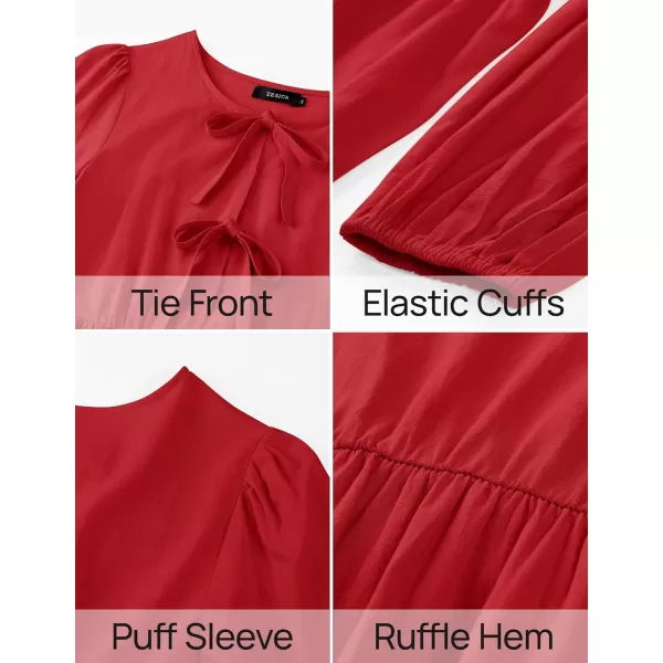 imageZESICA Womens Dress Fall Long Puff Sleeve Self Tie Front Babydoll A Line Pleated Cute Mini Tunic Dresses 2024Red