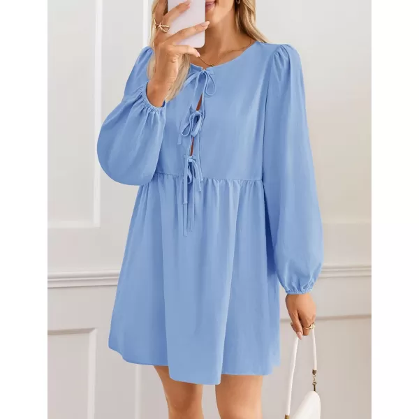 imageZESICA Womens Dress Fall Long Puff Sleeve Self Tie Front Babydoll A Line Pleated Cute Mini Tunic Dresses 2024Sky