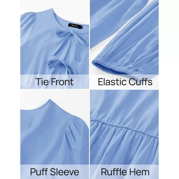 imageZESICA Womens Dress Fall Long Puff Sleeve Self Tie Front Babydoll A Line Pleated Cute Mini Tunic Dresses 2024Sky
