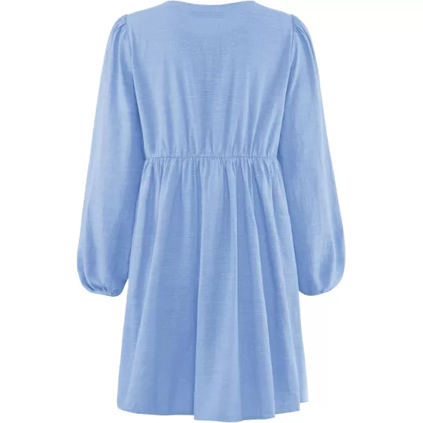 imageZESICA Womens Dress Fall Long Puff Sleeve Self Tie Front Babydoll A Line Pleated Cute Mini Tunic Dresses 2024Sky