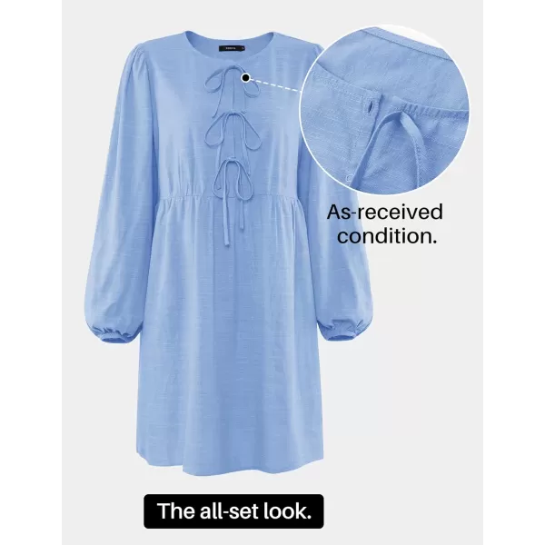 imageZESICA Womens Dress Fall Long Puff Sleeve Self Tie Front Babydoll A Line Pleated Cute Mini Tunic Dresses 2024Sky