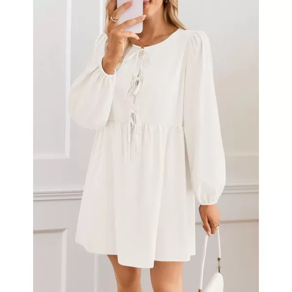imageZESICA Womens Dress Fall Long Puff Sleeve Self Tie Front Babydoll A Line Pleated Cute Mini Tunic Dresses 2024White
