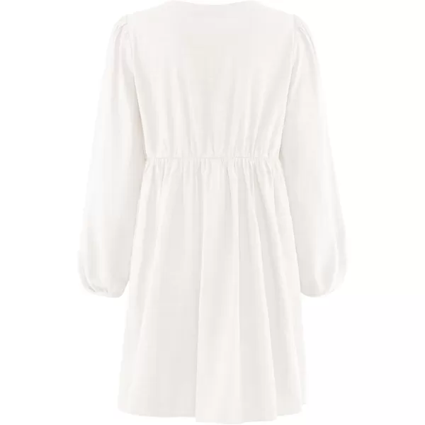 imageZESICA Womens Dress Fall Long Puff Sleeve Self Tie Front Babydoll A Line Pleated Cute Mini Tunic Dresses 2024White