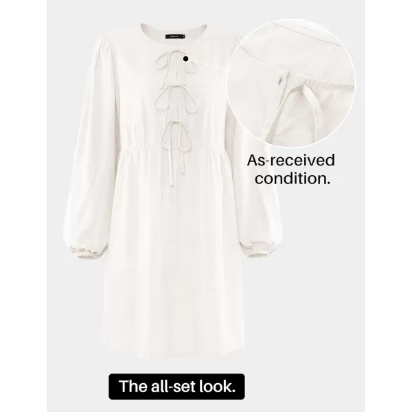 imageZESICA Womens Dress Fall Long Puff Sleeve Self Tie Front Babydoll A Line Pleated Cute Mini Tunic Dresses 2024White