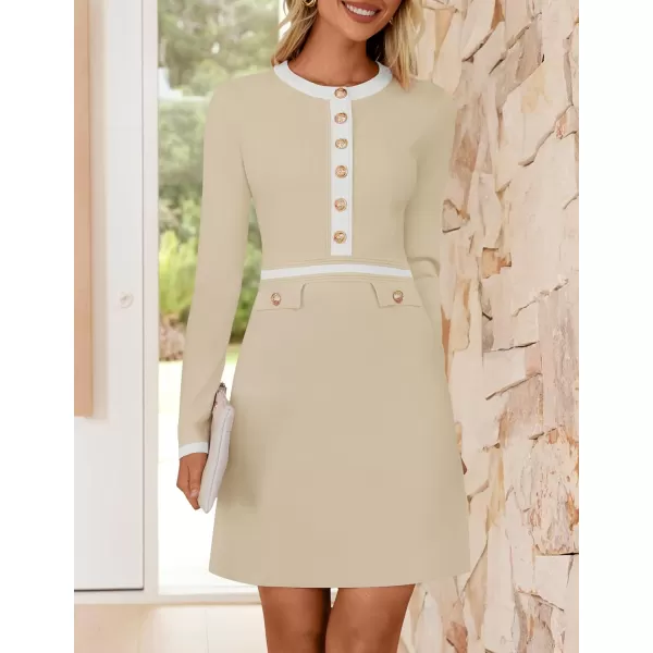 imageZESICA Womens Fall Long Sleeve Bodycon Sweater Dress Crewneck Button Knit Color Block Party Mini DressesApricot