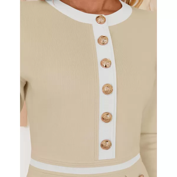 imageZESICA Womens Fall Long Sleeve Bodycon Sweater Dress Crewneck Button Knit Color Block Party Mini DressesApricot
