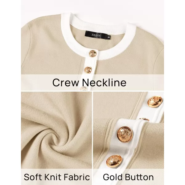 imageZESICA Womens Fall Long Sleeve Bodycon Sweater Dress Crewneck Button Knit Color Block Party Mini DressesApricot