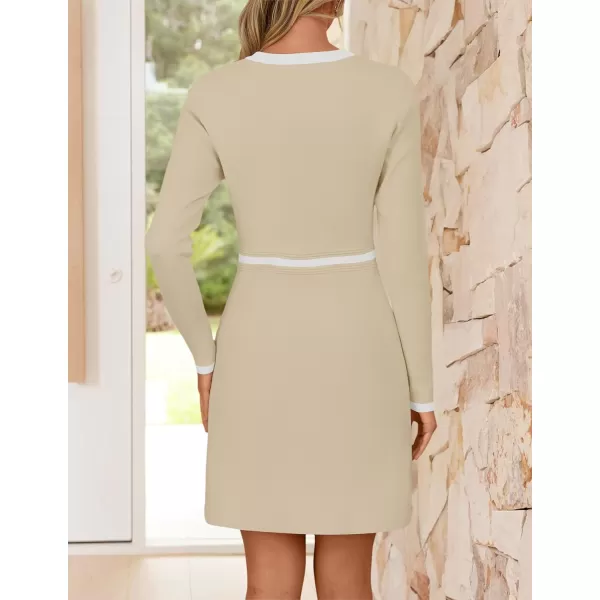 imageZESICA Womens Fall Long Sleeve Bodycon Sweater Dress Crewneck Button Knit Color Block Party Mini DressesApricot