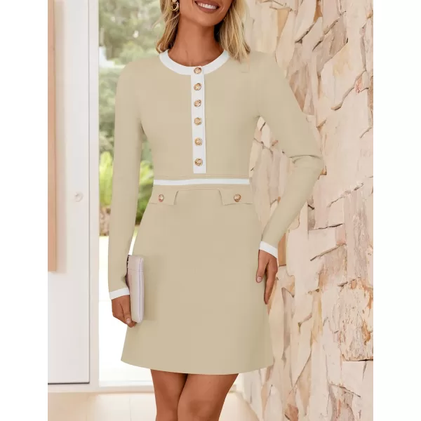 imageZESICA Womens Fall Long Sleeve Bodycon Sweater Dress Crewneck Button Knit Color Block Party Mini DressesApricot
