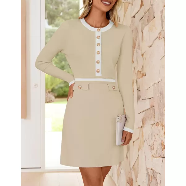 imageZESICA Womens Fall Long Sleeve Bodycon Sweater Dress Crewneck Button Knit Color Block Party Mini DressesApricot
