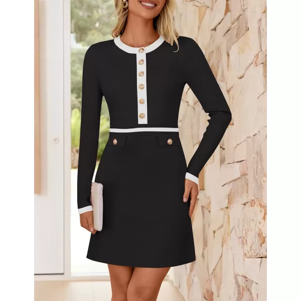 imageZESICA Womens Fall Long Sleeve Bodycon Sweater Dress Crewneck Button Knit Color Block Party Mini DressesBlack