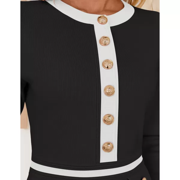 imageZESICA Womens Fall Long Sleeve Bodycon Sweater Dress Crewneck Button Knit Color Block Party Mini DressesBlack