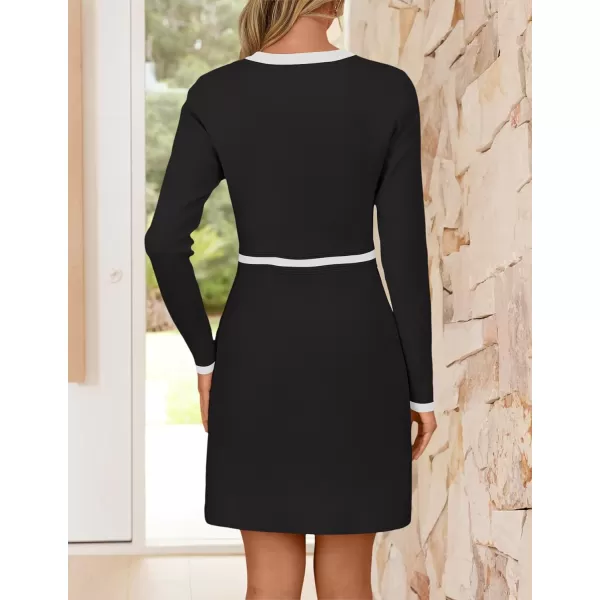 imageZESICA Womens Fall Long Sleeve Bodycon Sweater Dress Crewneck Button Knit Color Block Party Mini DressesBlack