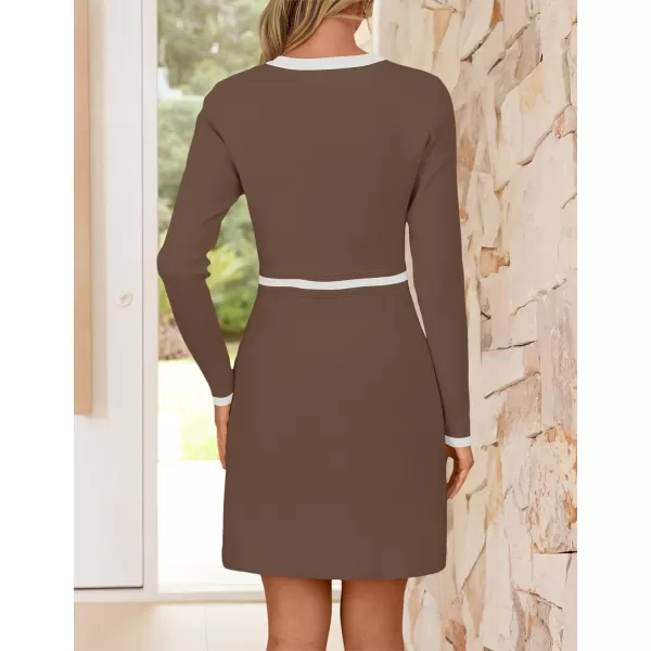 imageZESICA Womens Fall Long Sleeve Bodycon Sweater Dress Crewneck Button Knit Color Block Party Mini DressesKhaki