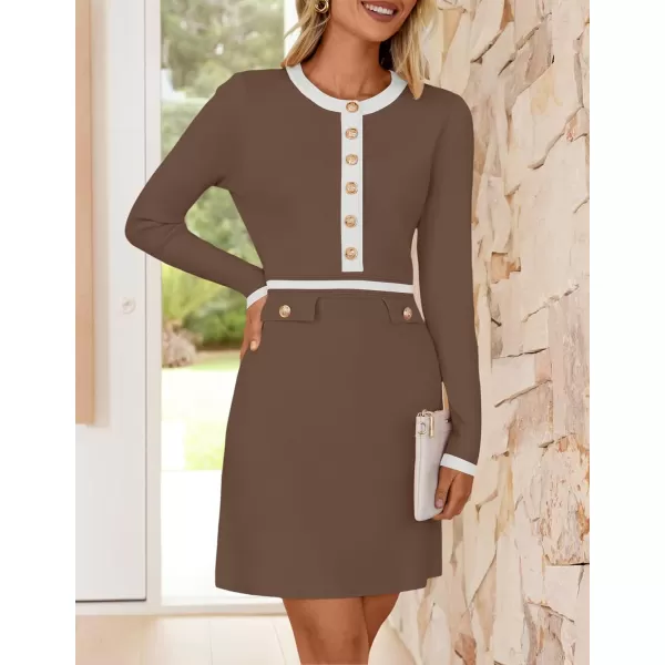 imageZESICA Womens Fall Long Sleeve Bodycon Sweater Dress Crewneck Button Knit Color Block Party Mini DressesKhaki