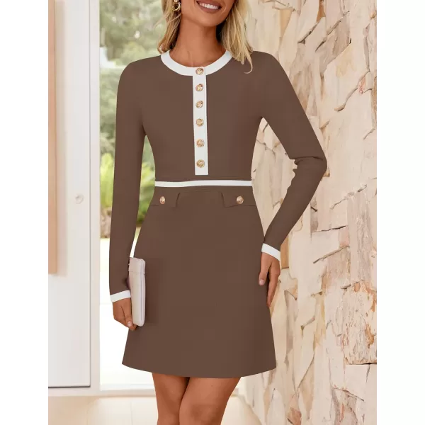 imageZESICA Womens Fall Long Sleeve Bodycon Sweater Dress Crewneck Button Knit Color Block Party Mini DressesKhaki