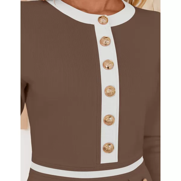 imageZESICA Womens Fall Long Sleeve Bodycon Sweater Dress Crewneck Button Knit Color Block Party Mini DressesKhaki