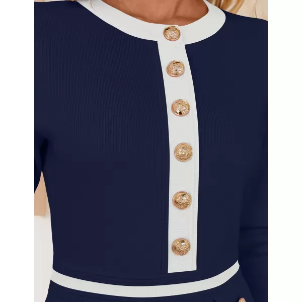 imageZESICA Womens Fall Long Sleeve Bodycon Sweater Dress Crewneck Button Knit Color Block Party Mini DressesNavy