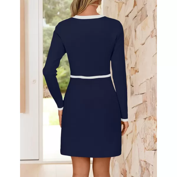 imageZESICA Womens Fall Long Sleeve Bodycon Sweater Dress Crewneck Button Knit Color Block Party Mini DressesNavy