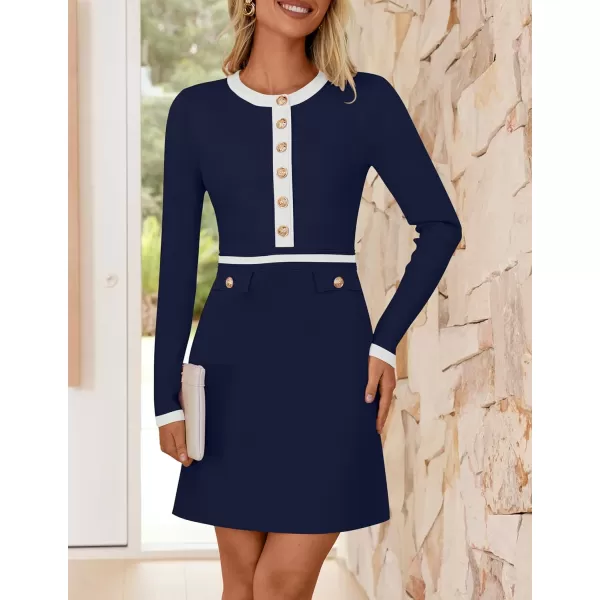imageZESICA Womens Fall Long Sleeve Bodycon Sweater Dress Crewneck Button Knit Color Block Party Mini DressesNavy