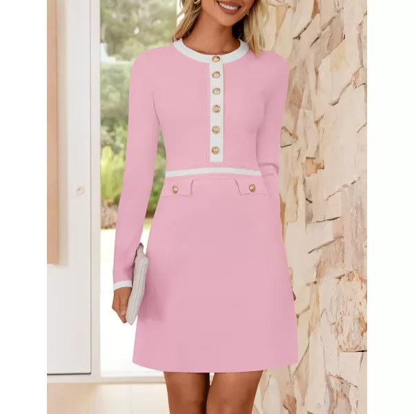 imageZESICA Womens Fall Long Sleeve Bodycon Sweater Dress Crewneck Button Knit Color Block Party Mini DressesPink