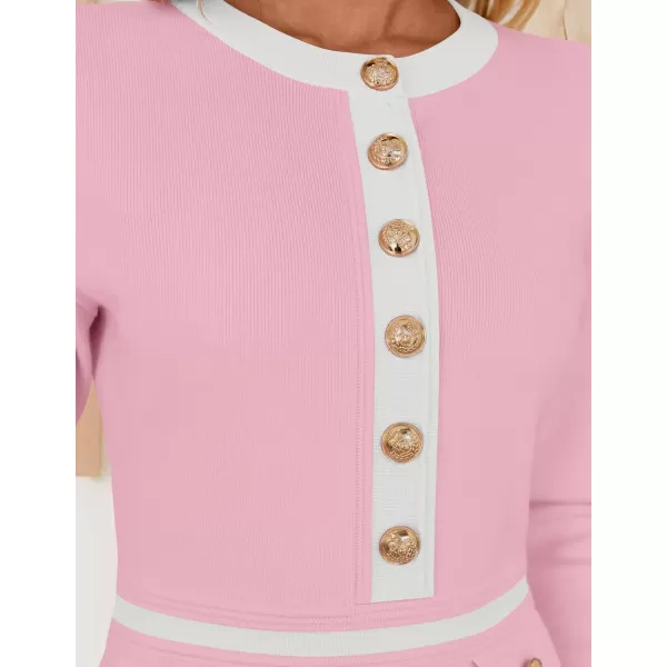imageZESICA Womens Fall Long Sleeve Bodycon Sweater Dress Crewneck Button Knit Color Block Party Mini DressesPink