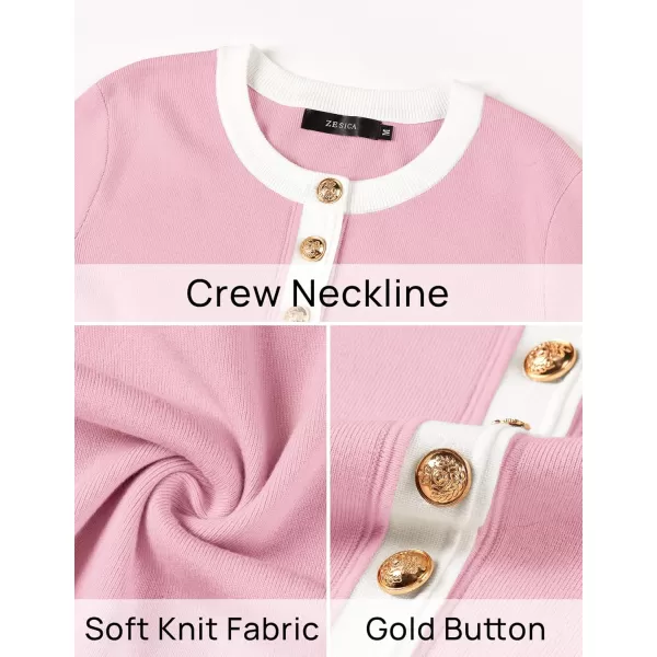 imageZESICA Womens Fall Long Sleeve Bodycon Sweater Dress Crewneck Button Knit Color Block Party Mini DressesPink