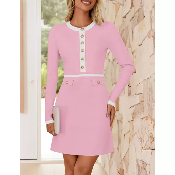 imageZESICA Womens Fall Long Sleeve Bodycon Sweater Dress Crewneck Button Knit Color Block Party Mini DressesPink