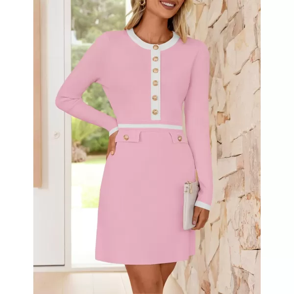imageZESICA Womens Fall Long Sleeve Bodycon Sweater Dress Crewneck Button Knit Color Block Party Mini DressesPink