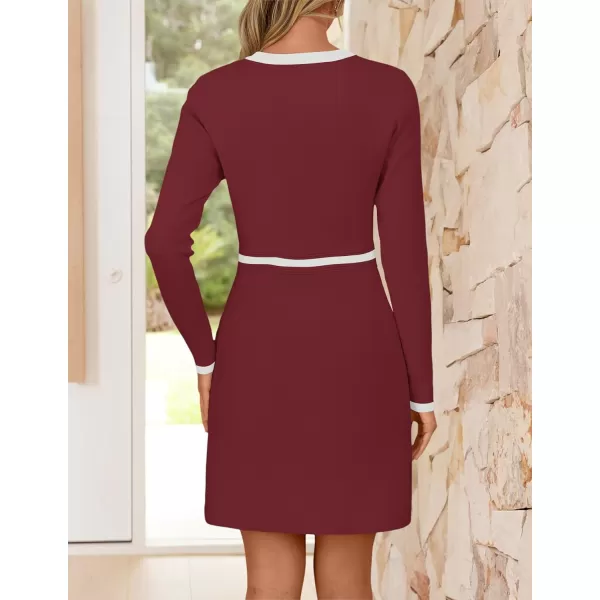 imageZESICA Womens Fall Long Sleeve Bodycon Sweater Dress Crewneck Button Knit Color Block Party Mini DressesRed