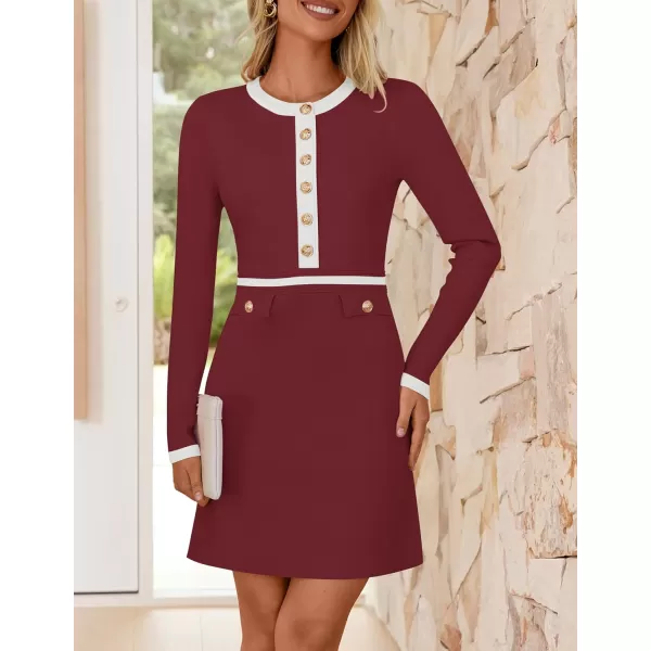 imageZESICA Womens Fall Long Sleeve Bodycon Sweater Dress Crewneck Button Knit Color Block Party Mini DressesRed