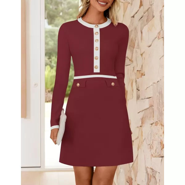 imageZESICA Womens Fall Long Sleeve Bodycon Sweater Dress Crewneck Button Knit Color Block Party Mini DressesRed