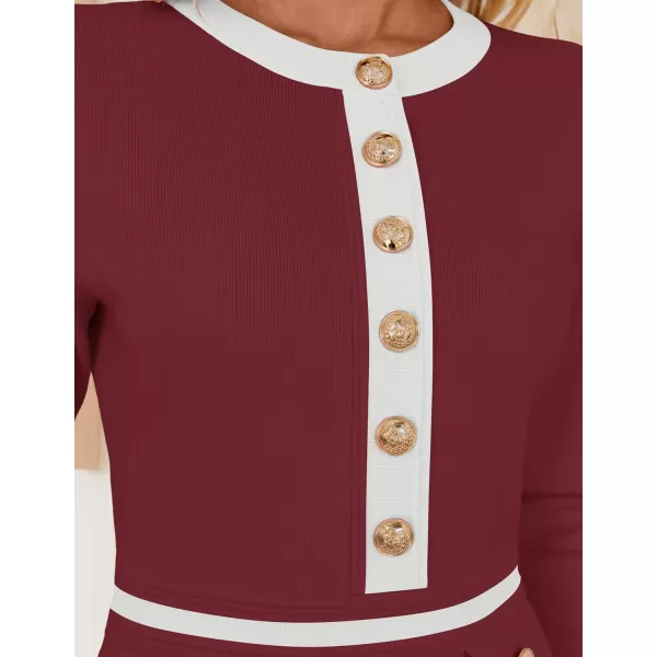 imageZESICA Womens Fall Long Sleeve Bodycon Sweater Dress Crewneck Button Knit Color Block Party Mini DressesRed