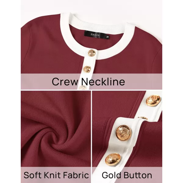 imageZESICA Womens Fall Long Sleeve Bodycon Sweater Dress Crewneck Button Knit Color Block Party Mini DressesRed