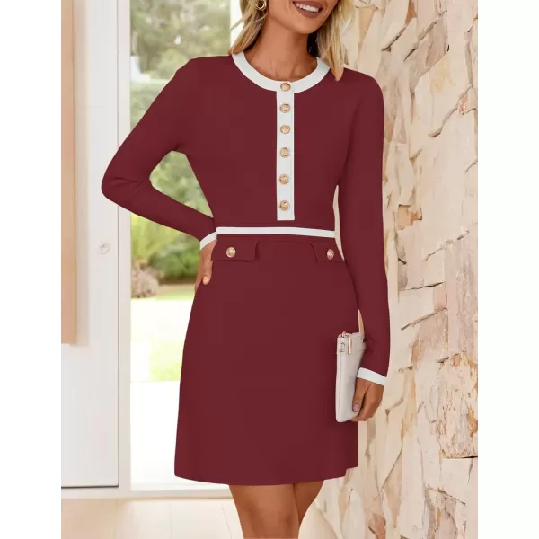 imageZESICA Womens Fall Long Sleeve Bodycon Sweater Dress Crewneck Button Knit Color Block Party Mini DressesRed