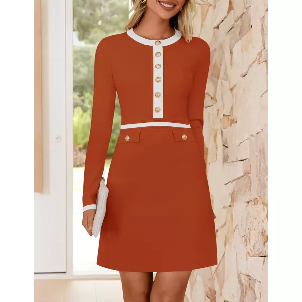 imageZESICA Womens Fall Long Sleeve Bodycon Sweater Dress Crewneck Button Knit Color Block Party Mini DressesRust