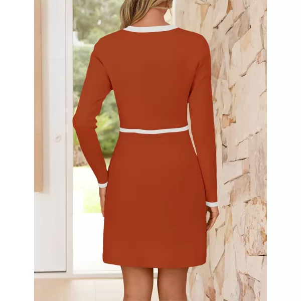 imageZESICA Womens Fall Long Sleeve Bodycon Sweater Dress Crewneck Button Knit Color Block Party Mini DressesRust