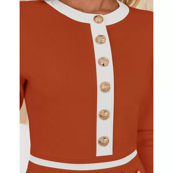 imageZESICA Womens Fall Long Sleeve Bodycon Sweater Dress Crewneck Button Knit Color Block Party Mini DressesRust