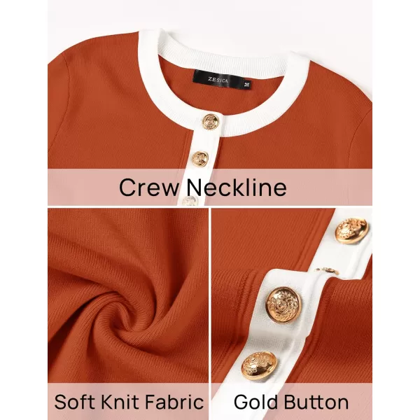 imageZESICA Womens Fall Long Sleeve Bodycon Sweater Dress Crewneck Button Knit Color Block Party Mini DressesRust